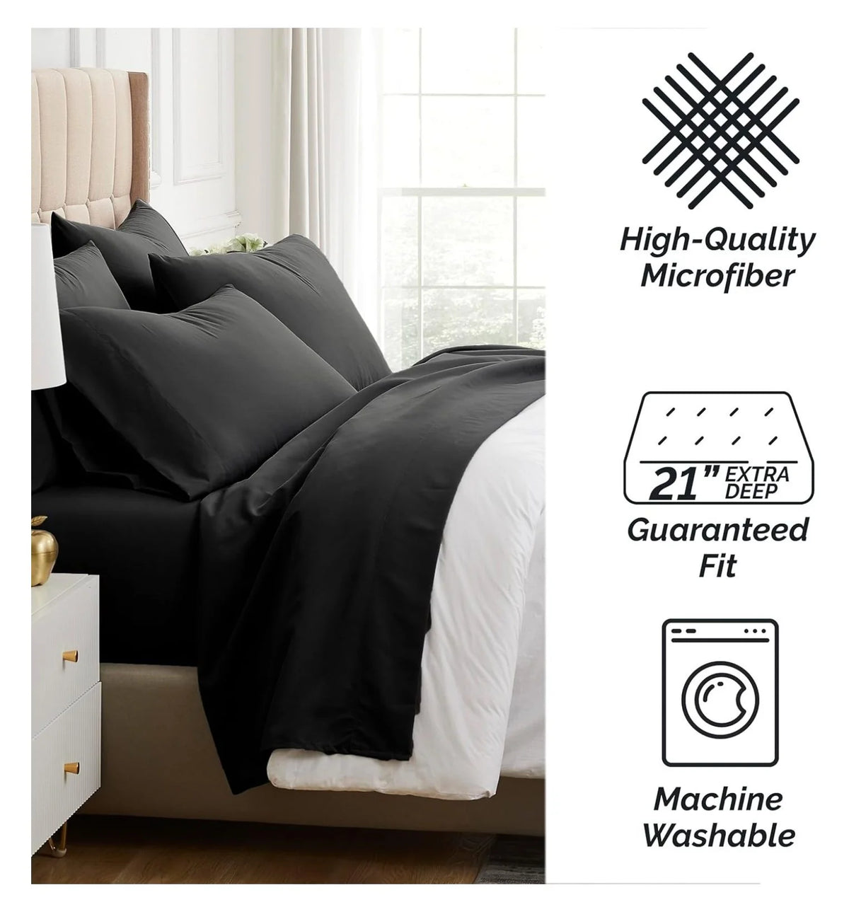 Black 6-Piece King Microfiber Bed Sheets Set with 21" Deep Fitted Sheet Q41113