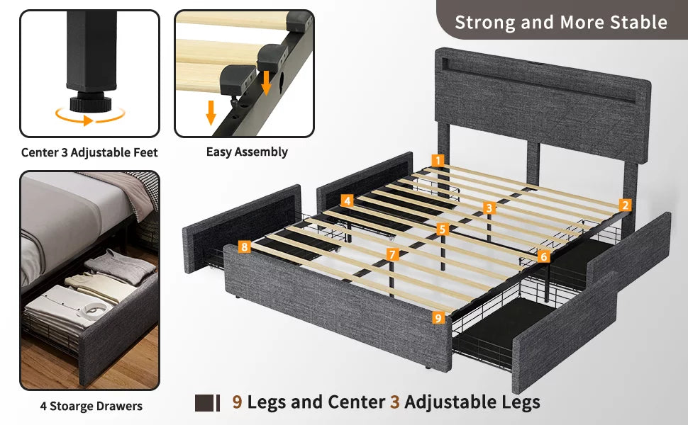 Queen Upholstered Platform Bed Frame with 4 Storage Drawers and LED Headboard V5748