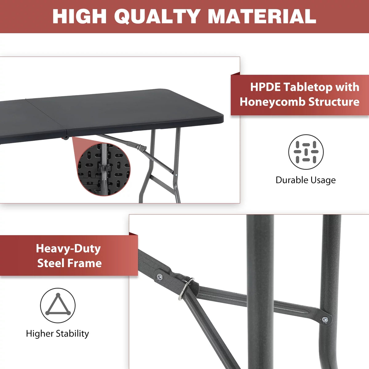 6ft Black Plastic Folding Table with Carrying Handle K4002