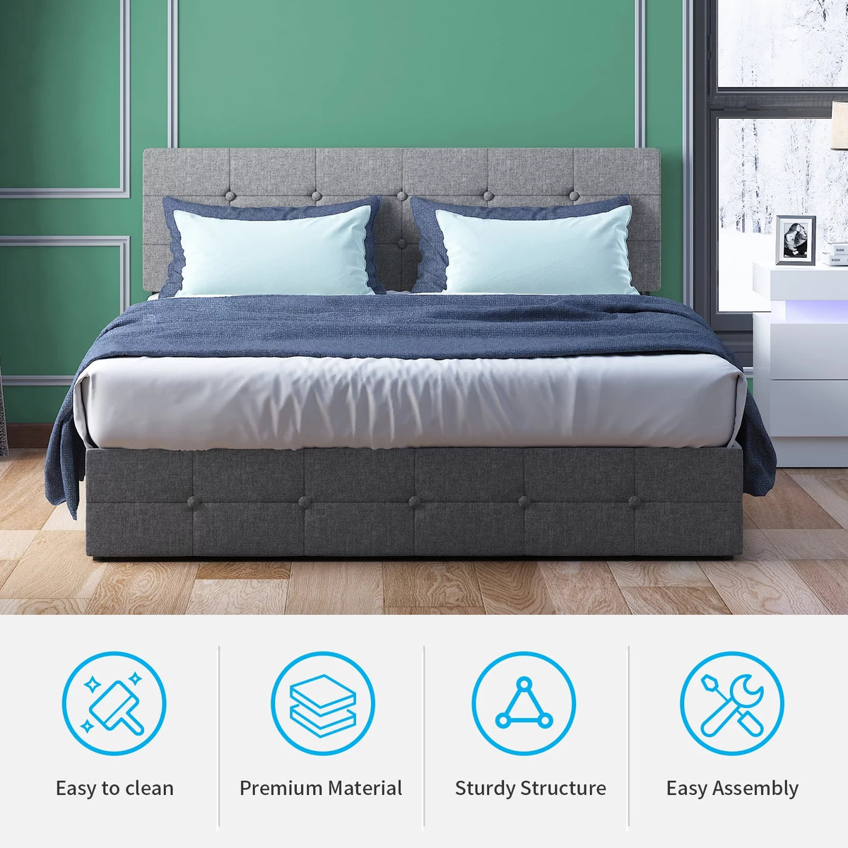 Queen Size Upholstered Platform Bed Frame with 4 Storage Drawers Z7101