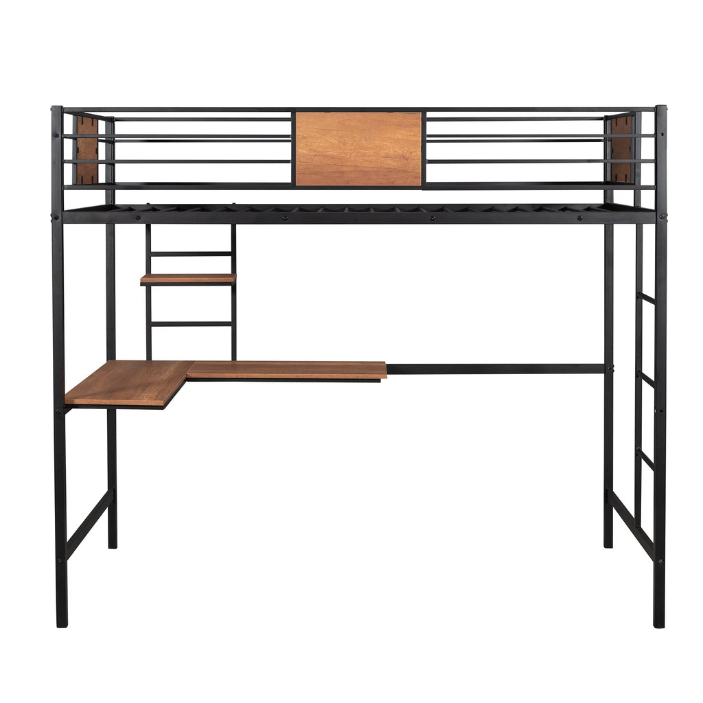 Black Twin Size Metal Loft Bed with Desk and Shelves R465968