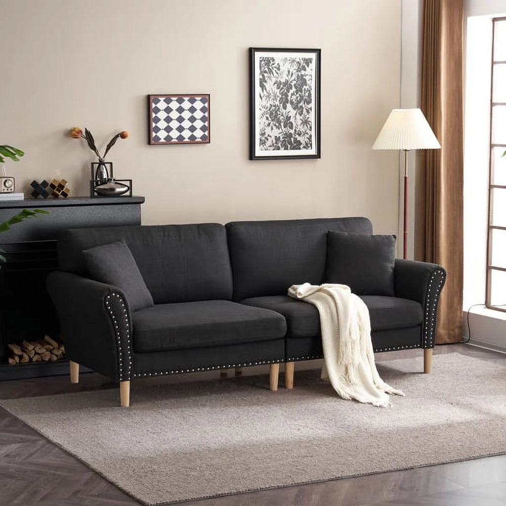 Black Upholstered 2-Seat Sofa with 2 Pillows F879