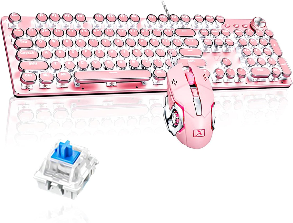 Pink Retro Typewriter-Style Wired Mechanical Keyboard with Mouse X273