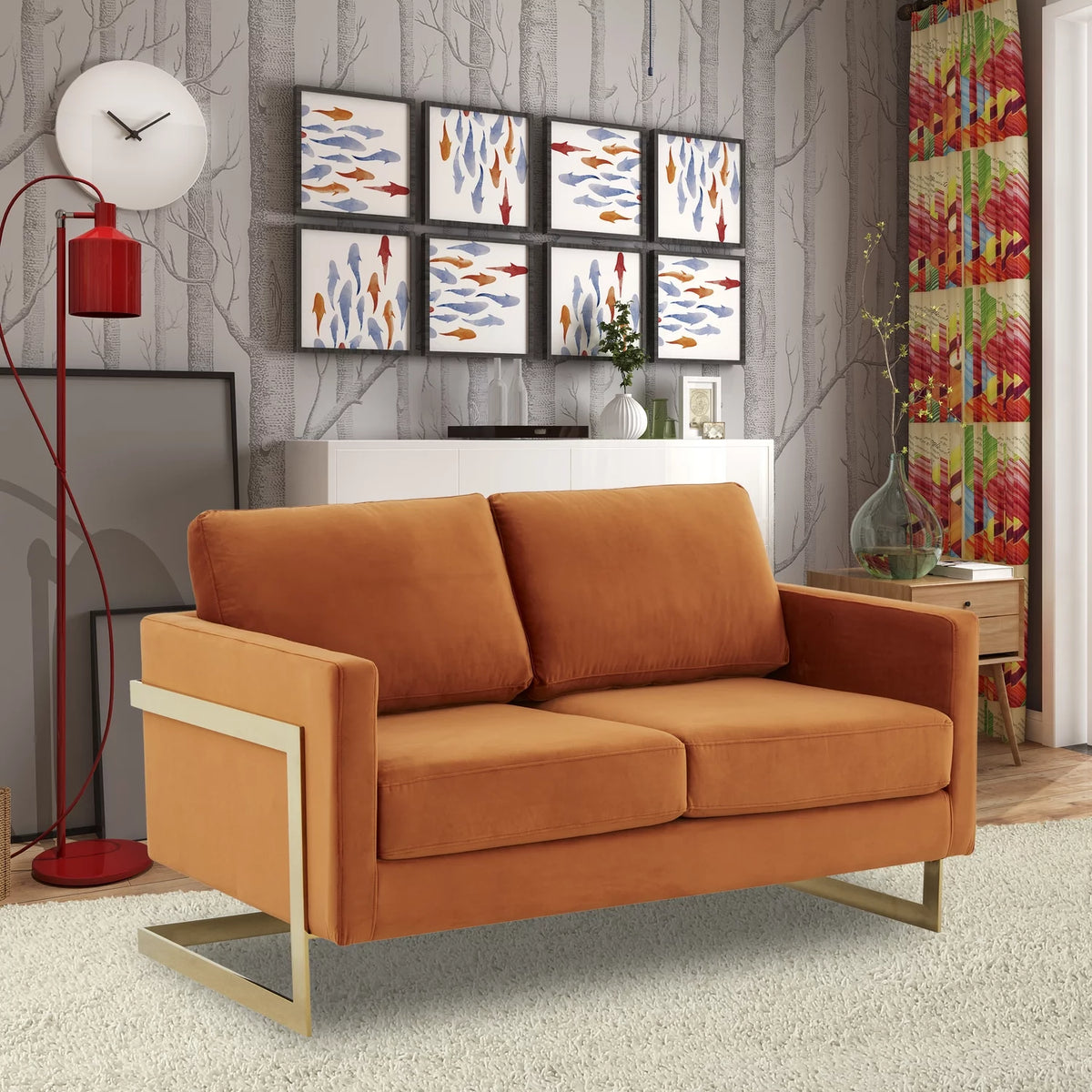 Upholstered Velvet Loveseat with Gold Frame O9501