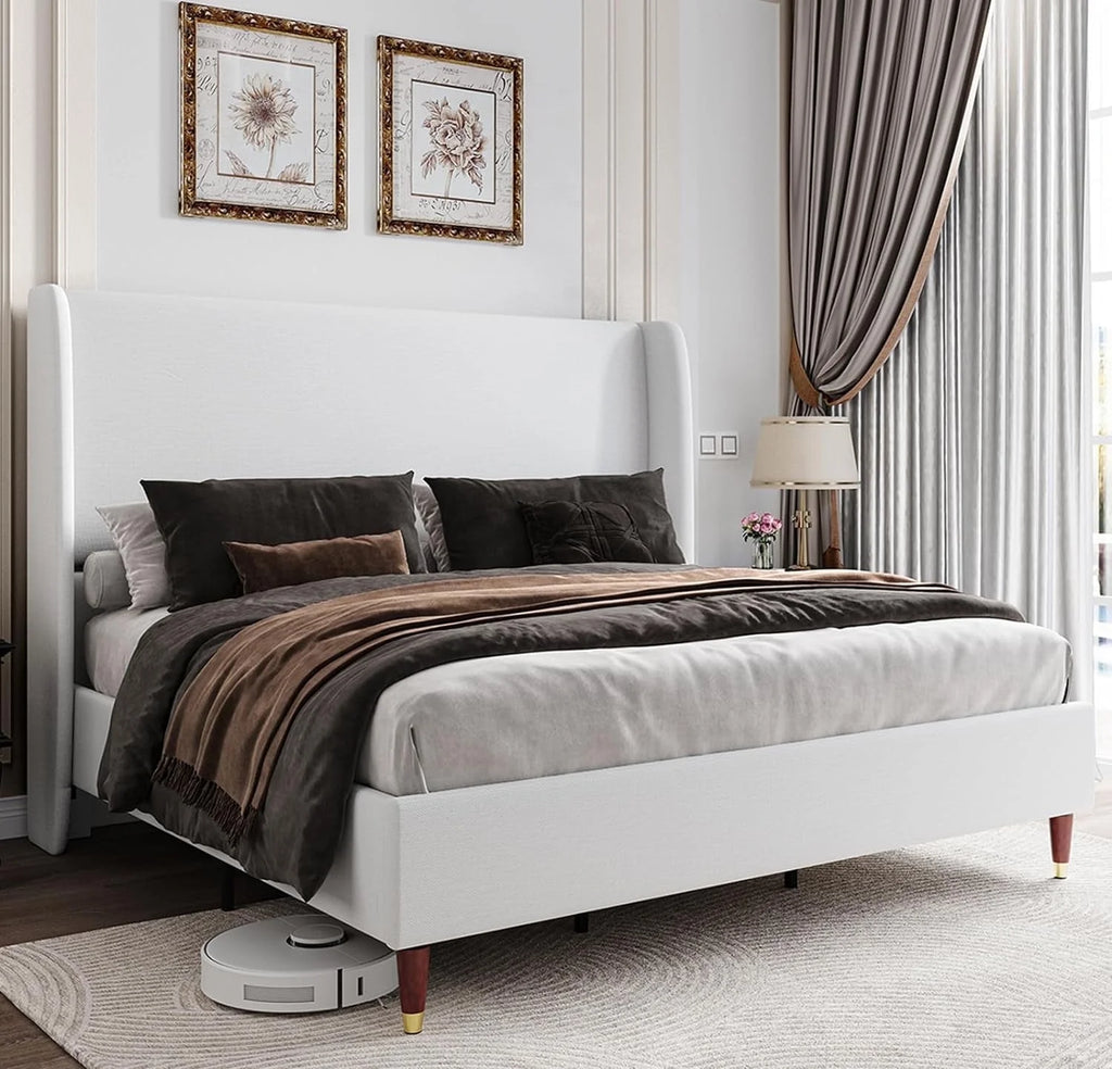 King Size White Linen Upholstered Platform Bed with Wingback Headboard M400836
