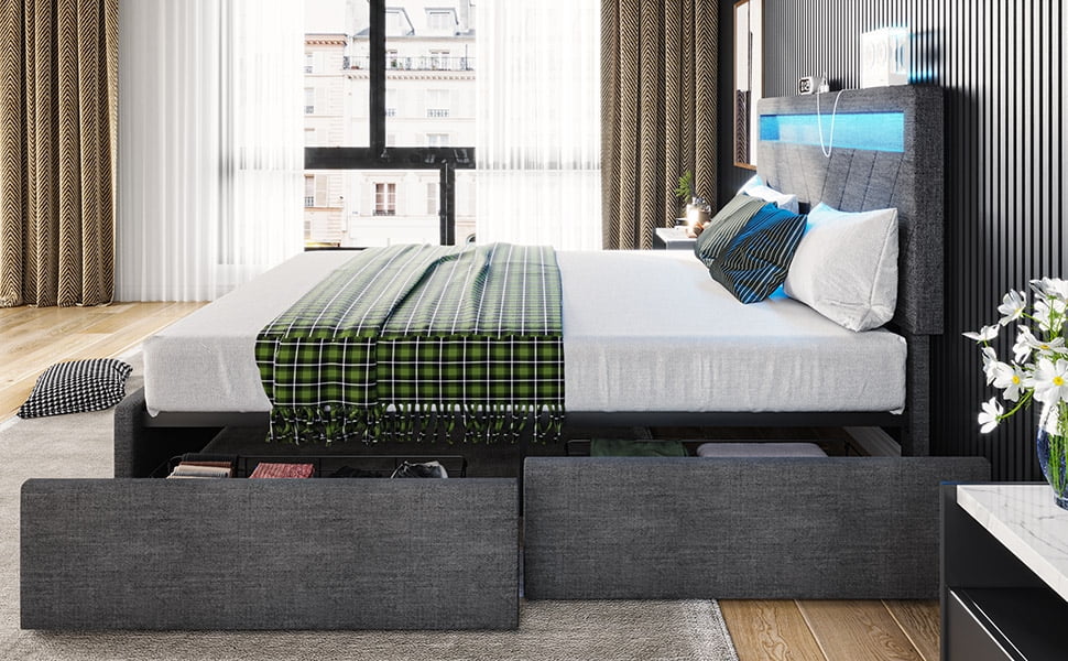 Queen Upholstered Platform Bed Frame with 4 Storage Drawers and LED Headboard V5748
