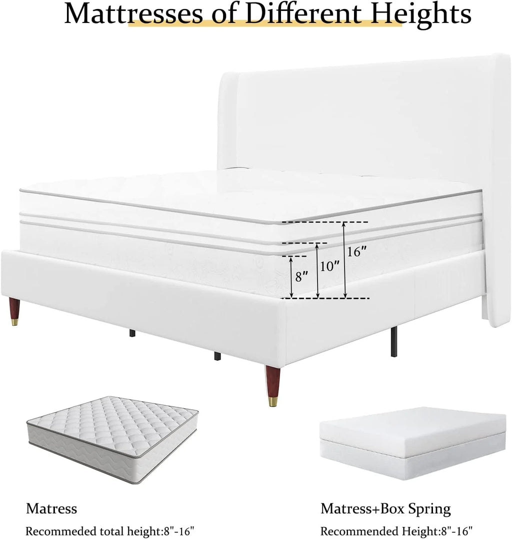 King Size White Linen Upholstered Platform Bed with Wingback Headboard M400836