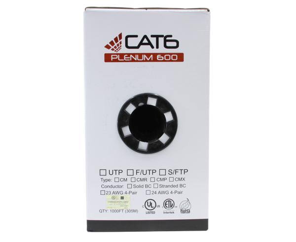 Cat6 Unshielded Plenum Bulk Ethernet Cable, 23 AWG, 1000ft Black S192