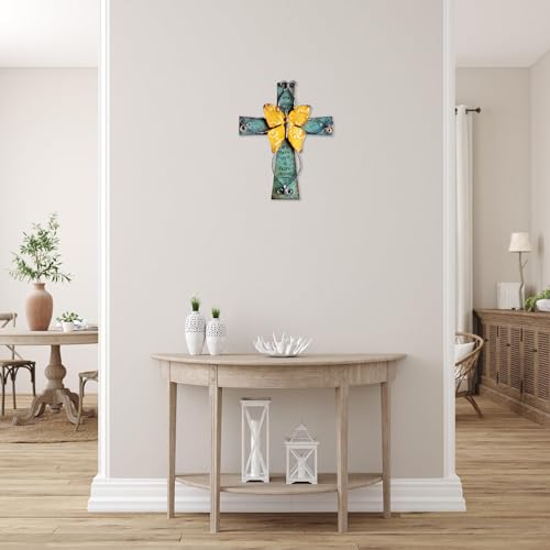 Wooden Wall Cross with Metal Butterfly F265
