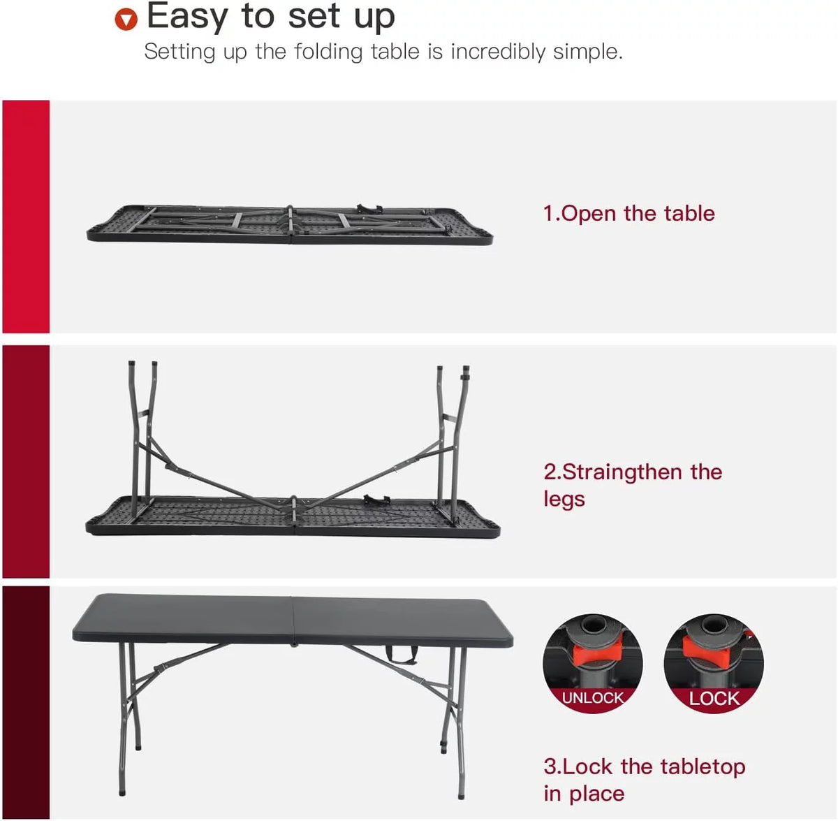 6ft Black Plastic Folding Table with Carrying Handle K4002