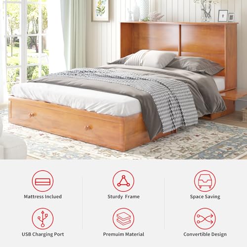 Queen Size Murphy Bed with Charging Station, Folding Foam Mattress (Cherry) U29110