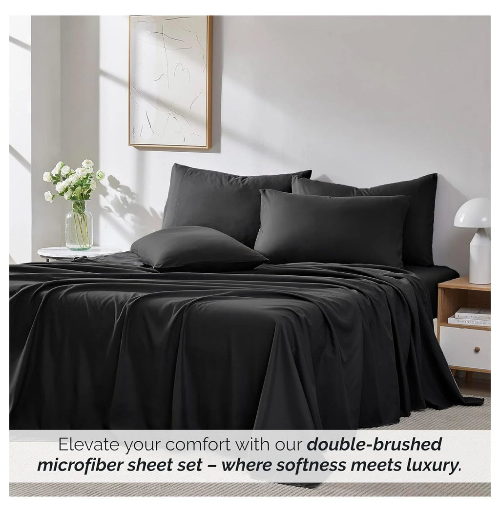 Black 6-Piece King Microfiber Bed Sheets Set with 21" Deep Fitted Sheet Q41113