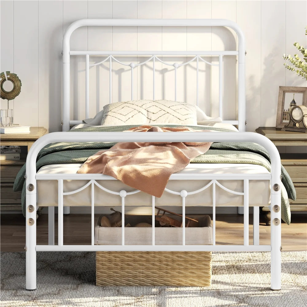 Metal Platform Bed with Vintage Headboard and Footboard, Twin XL, White D860077
