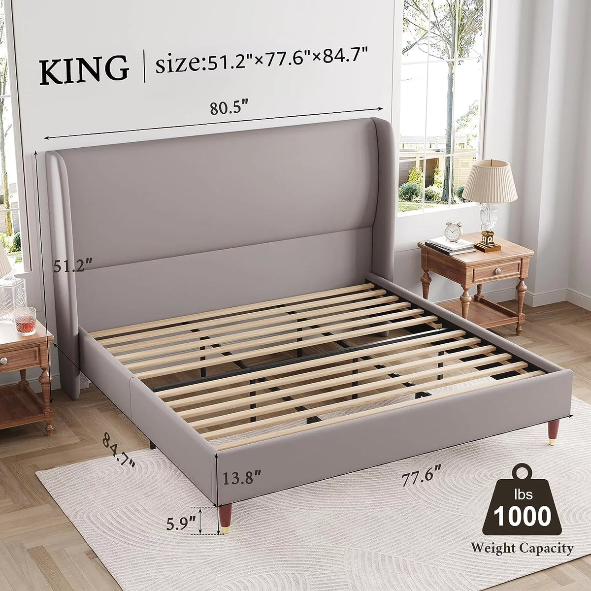 King Size White Linen Upholstered Platform Bed with Wingback Headboard M400836