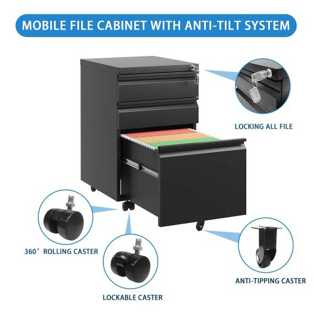 3 Drawer Black Metal File Cabinet with Lock U22896