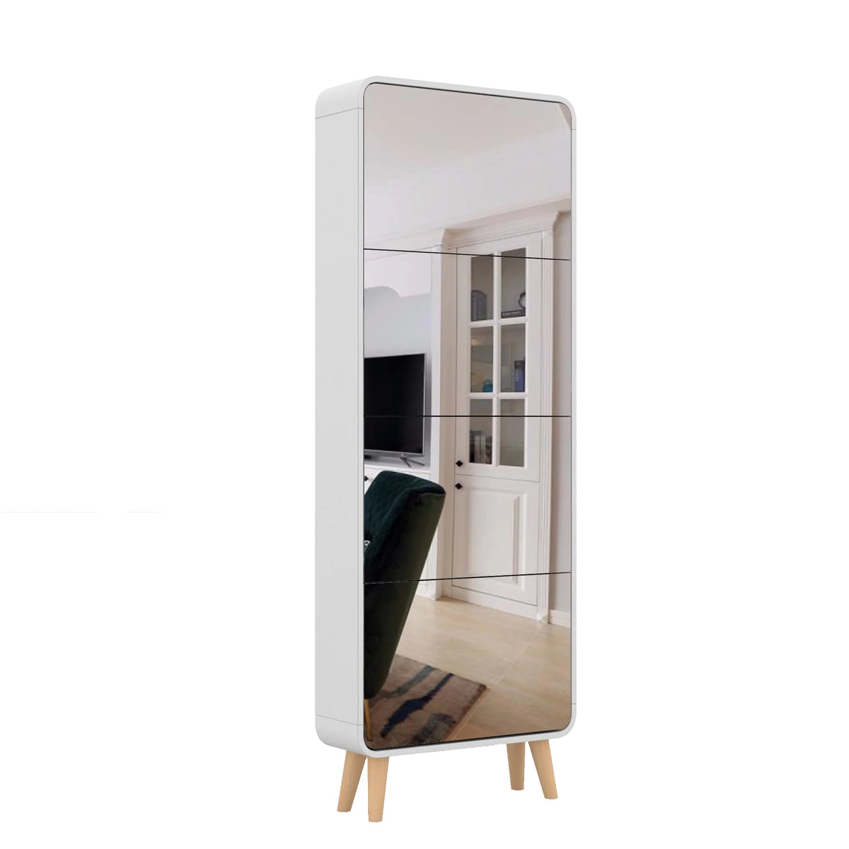 White 4 Flip Drawers Wood Shoe Cabinet with Mirror E7131