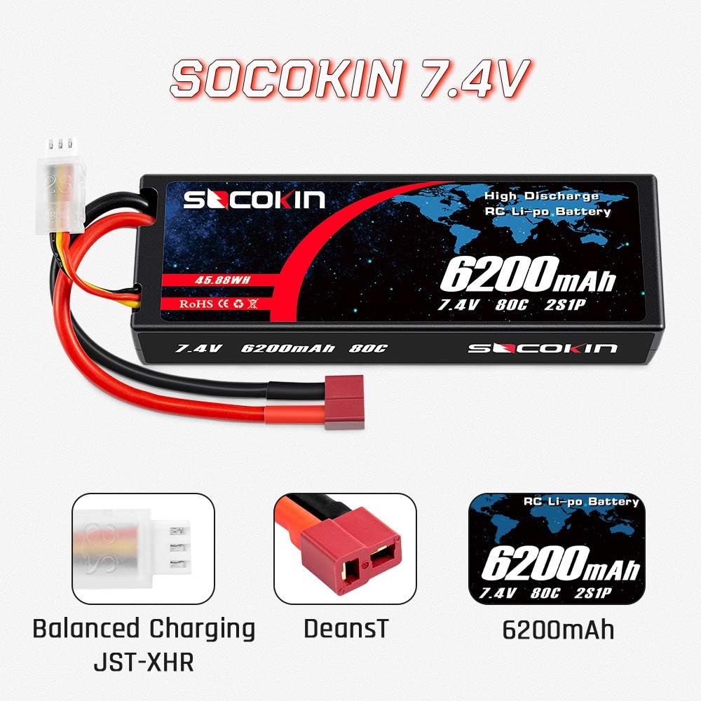 2 Pack 7.4V 2S 6200mAh 80C Hard Case Lipo Battery with Deans T E765