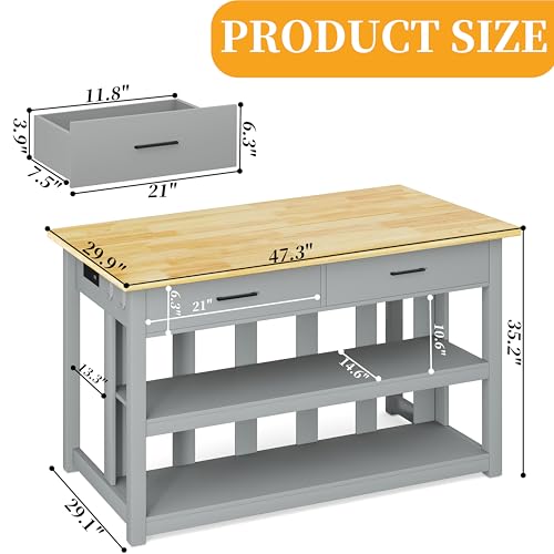 Solid Rubberwood Kitchen Island with Power Outlets, 2 Drawers & Open Shelves (Grey) F56362