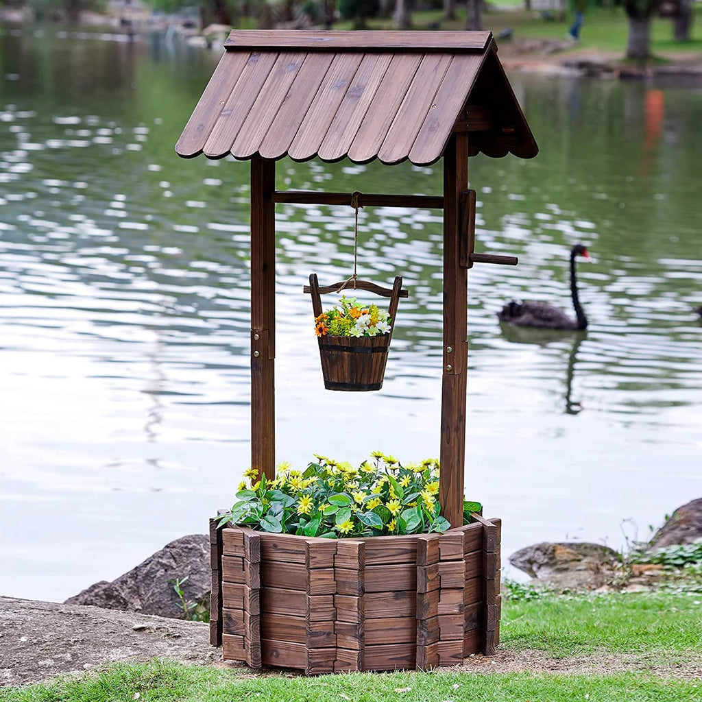 Wooden Wishing Well with Hanging Bucket P6255