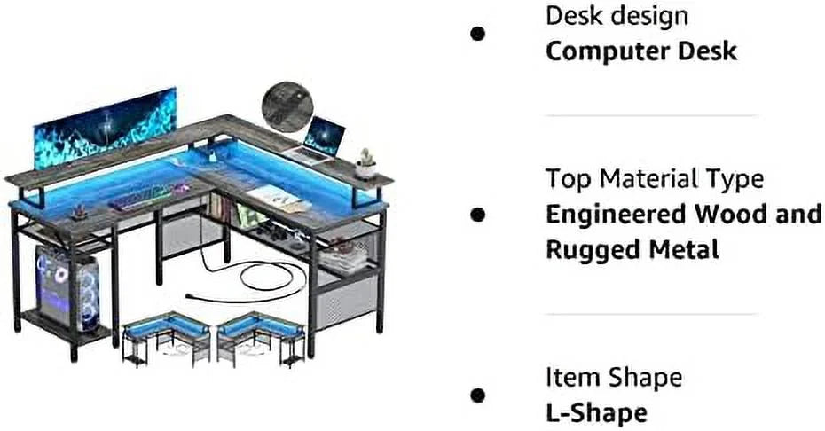 L Shaped Computer Desk with Power Outlet and LED Strip Black F267