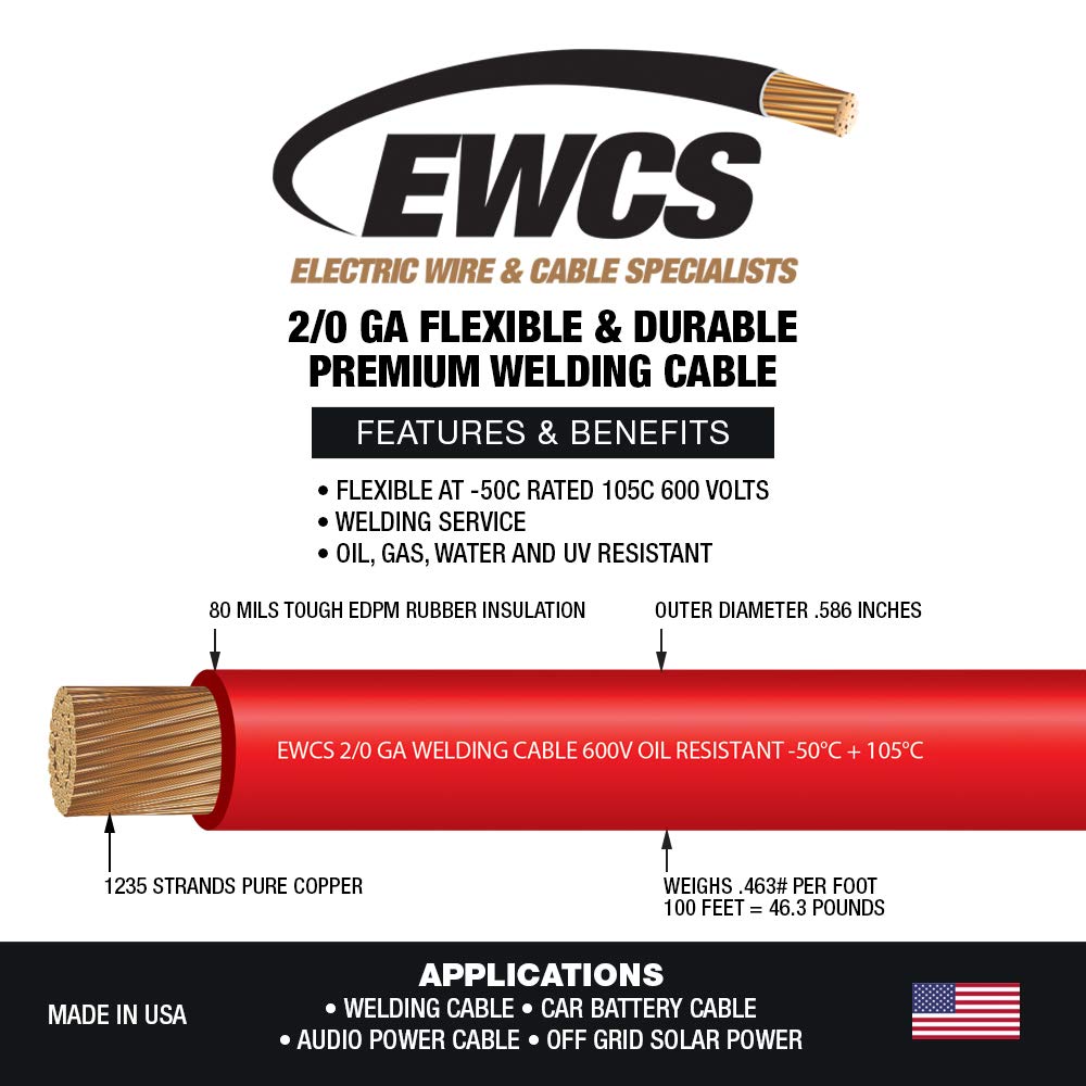 Red 25 Feet 2/0 Gauge Welding Cable S819