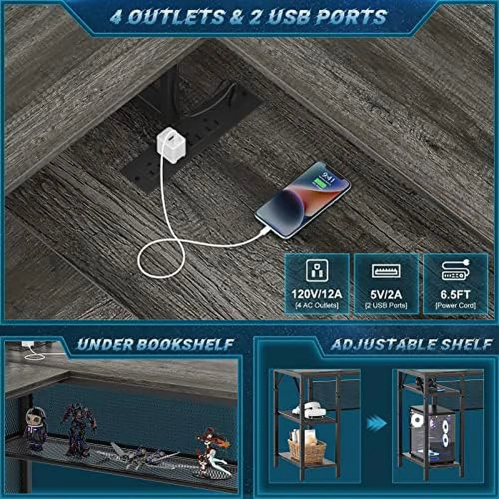 L Shaped Computer Desk with Power Outlet and LED Strip Black F267
