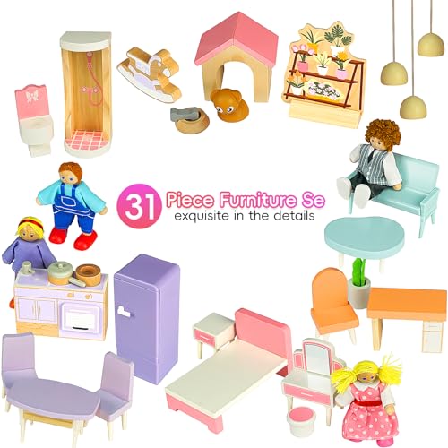 Wooden Dollhouse with 31Pcs Furniture & Accessories Z3148