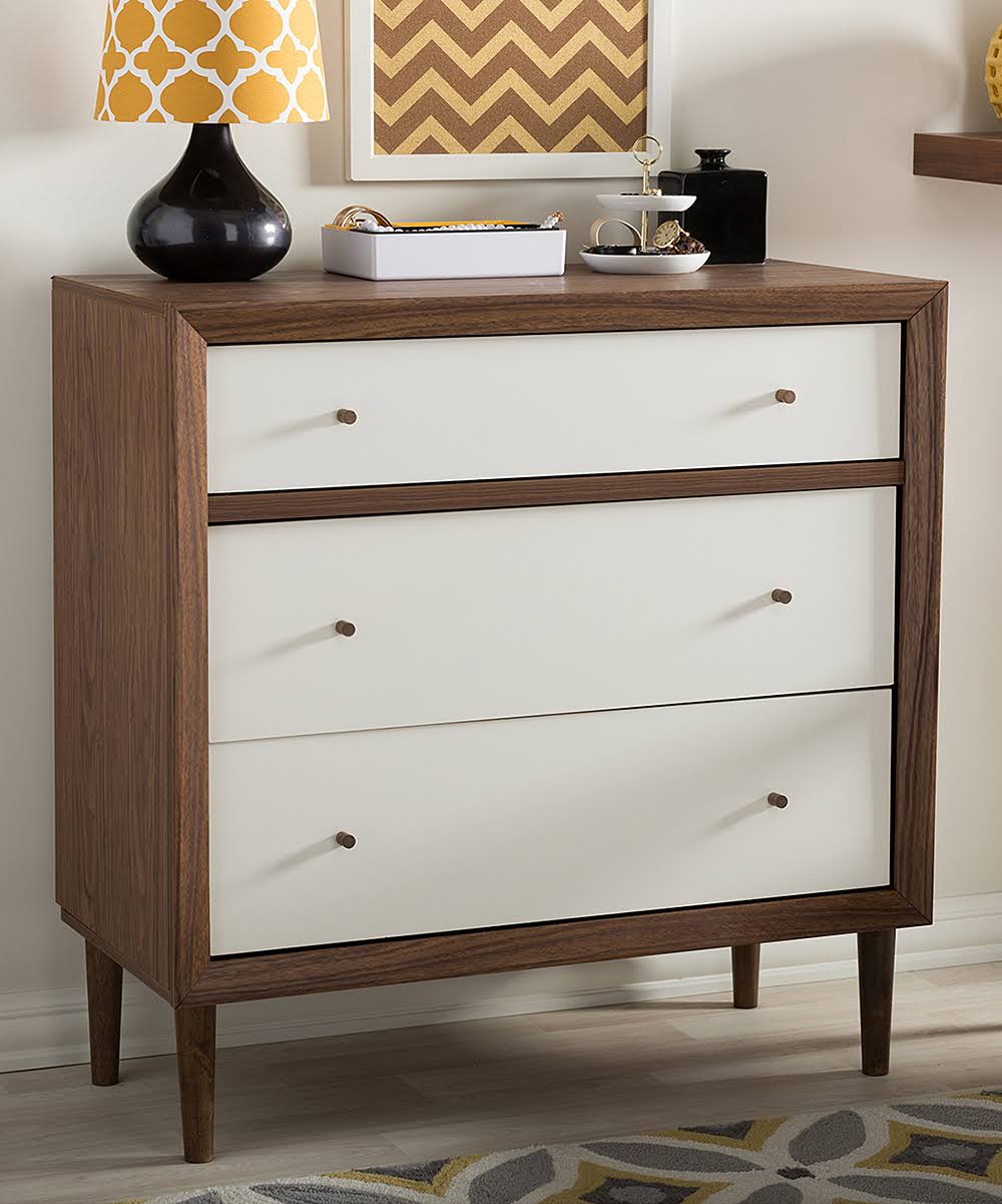 White and Walnut Wood 3-Drawer Chest J492460