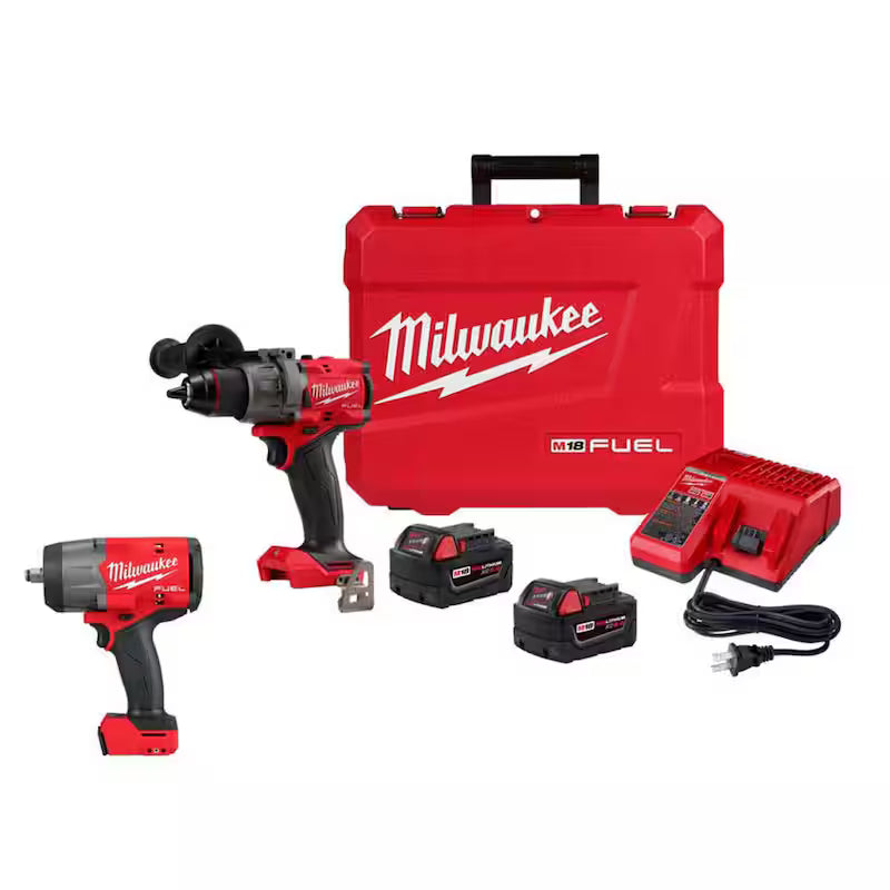 18V Lithium-Ion Brushless Cordless Hammer Drill Driver Kit with Impact Wrench O71945