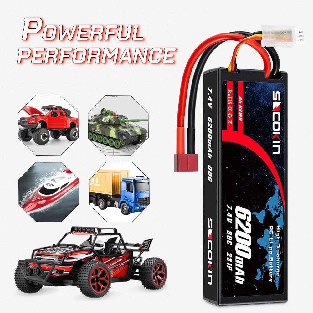 2 Pack 7.4V 2S 6200mAh 80C Hard Case Lipo Battery with Deans T E765
