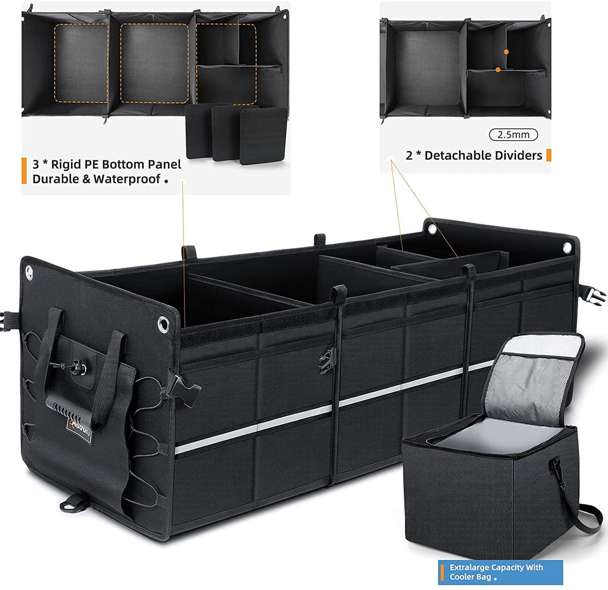 Black Collapsible Car Trunk Organizer with Cooler Bag H503358