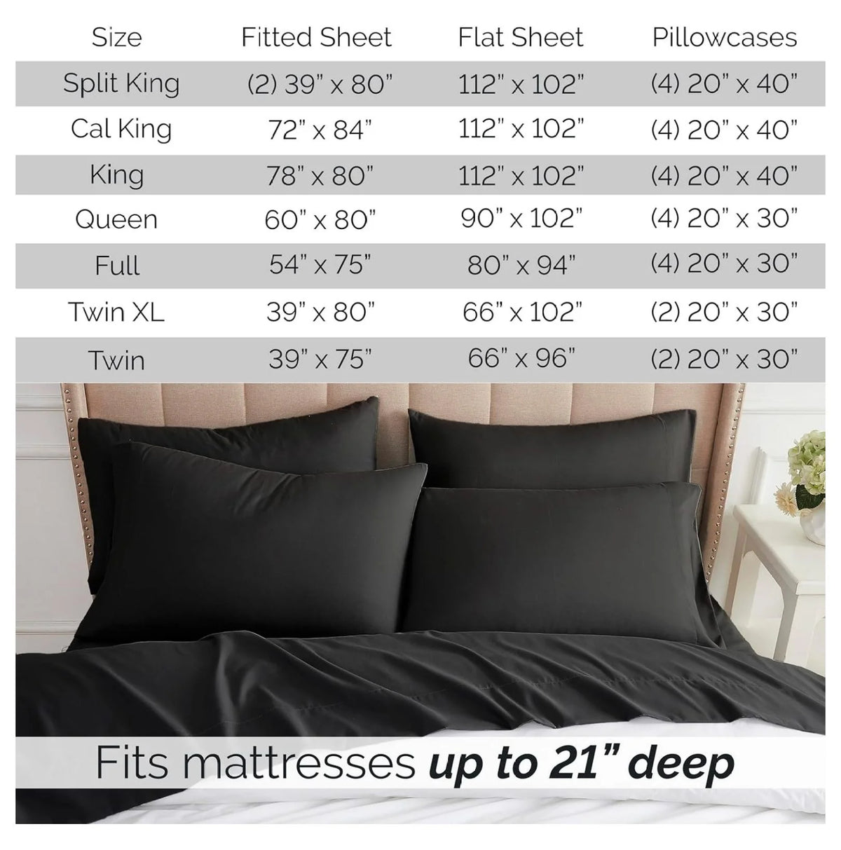 Black 6-Piece King Microfiber Bed Sheets Set with 21" Deep Fitted Sheet Q41113
