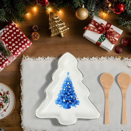 2 Pcs Christmas Dinner Platter Ceramic Serving Dishes with Wooden Spoon Serving Platters Bowl N590