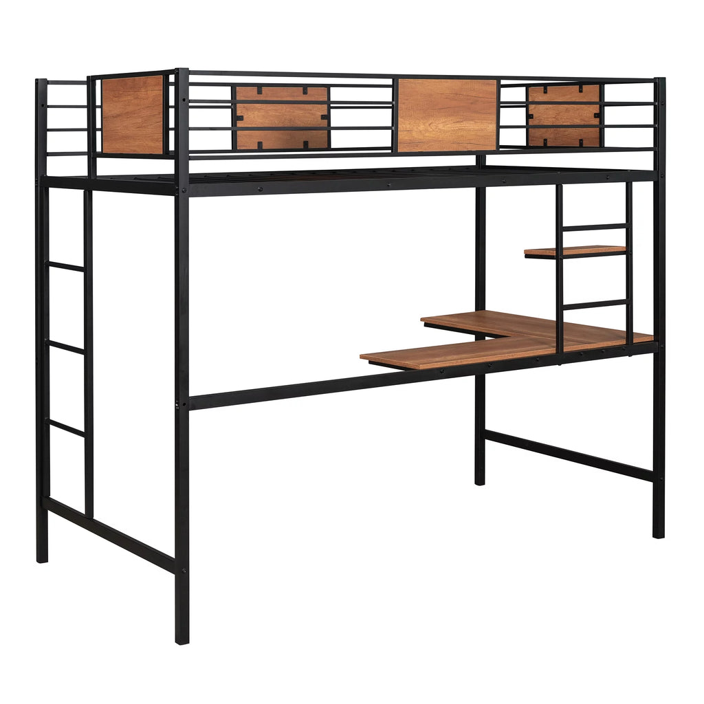 Black Twin Size Metal Loft Bed with Desk and Shelves R465968