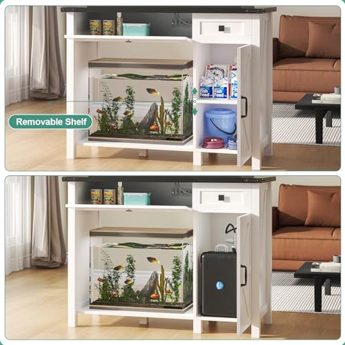 White 40 Gallon Aquarium Stand with Drawer and Cabinet Storage H8758