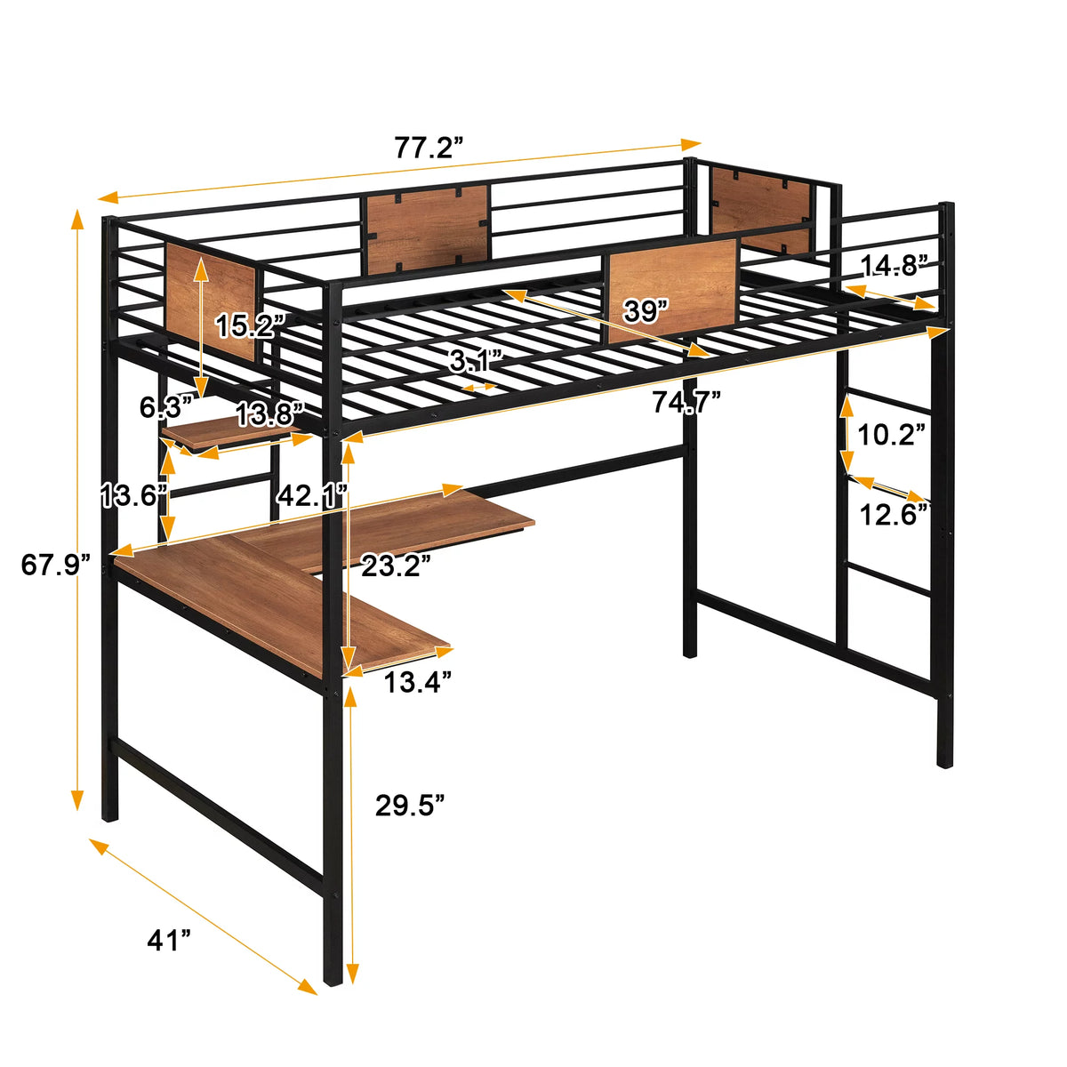 Black Twin Size Metal Loft Bed with Desk and Shelves R465968