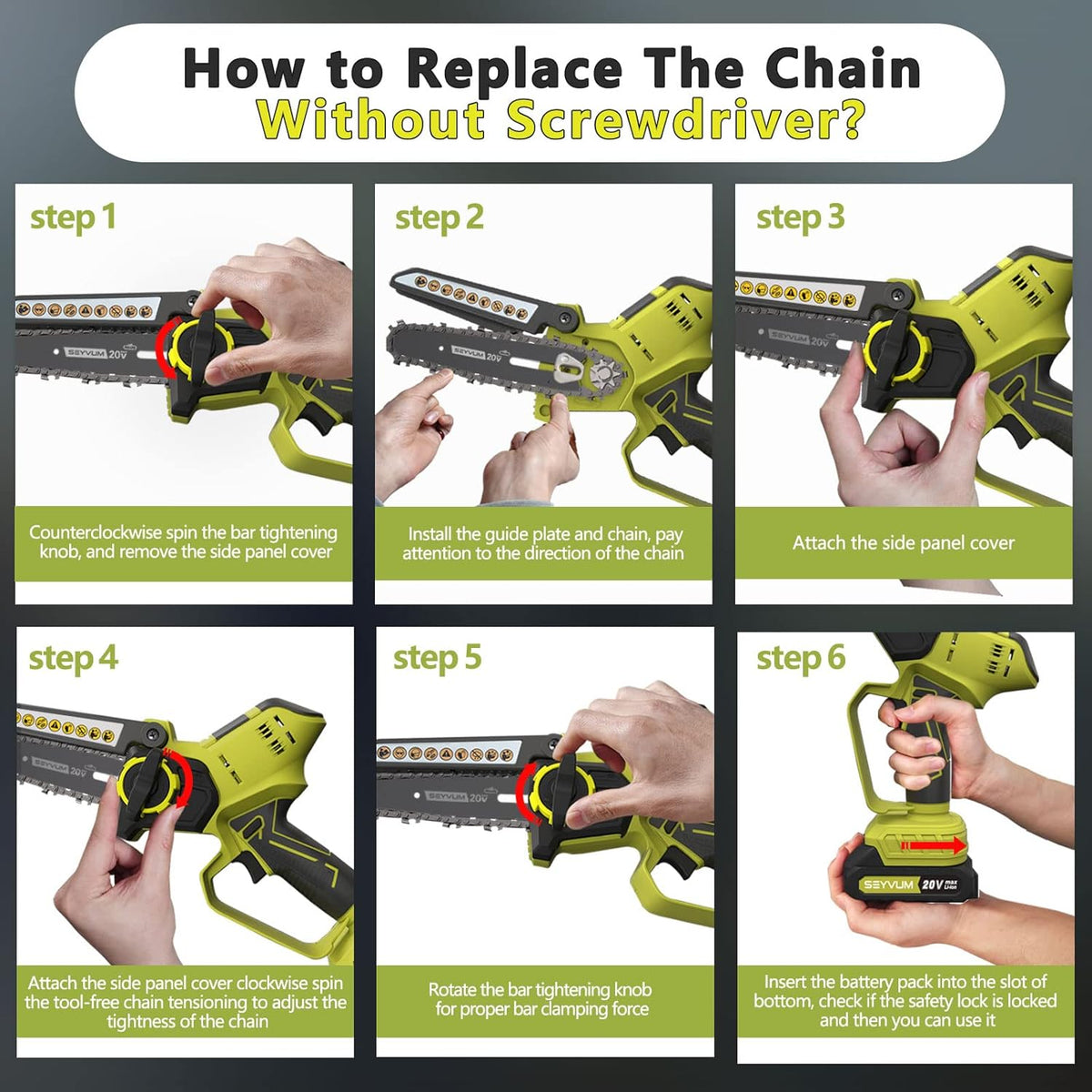 Mini Cordless Chainsaw Kit, 6 Inch 2.9Lb One-Hand Handheld Electric Compact Portable Chainsaw, 20V 2.0Ah Rechargeable Battery Powered U27351