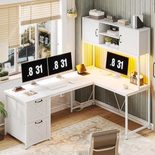 Black L Shaped Computer Desk with Fabric Drawers and Power Outlet S7207