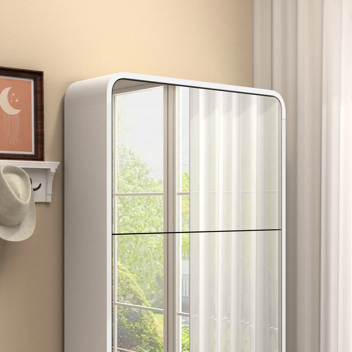 White 4 Flip Drawers Wood Shoe Cabinet with Mirror E7131