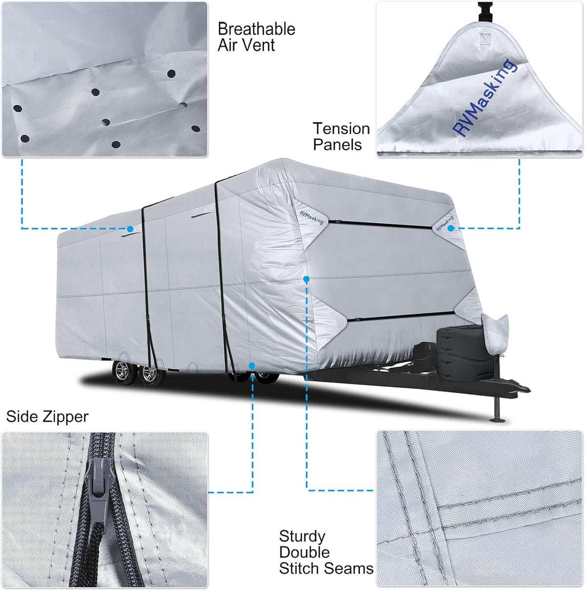 Rip-Stop RV Cover Fits 31'7" - 34' Long Motorhome, Waterproof Camper Cover with Gutter Covers, Adhensive Repair Patch C795