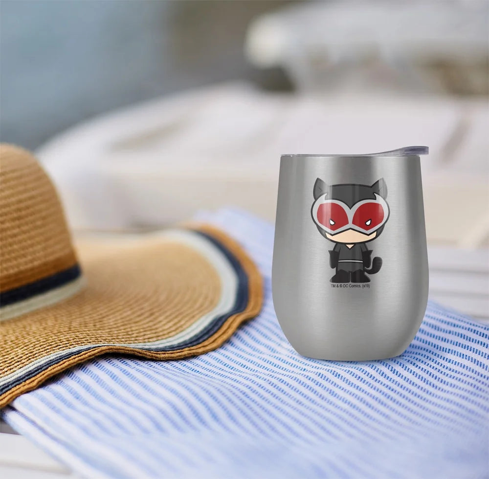Catwoman Chibi 12 OZ Stemless Wine Tumbler, Stainless Steel Travel Cup with Leak Resistant Slide-Lock Lid H58451