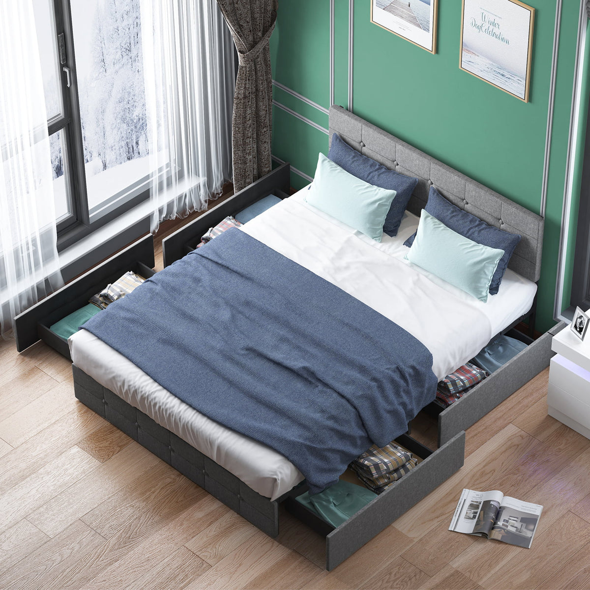 Queen Size Upholstered Platform Bed Frame with 4 Storage Drawers Z7101