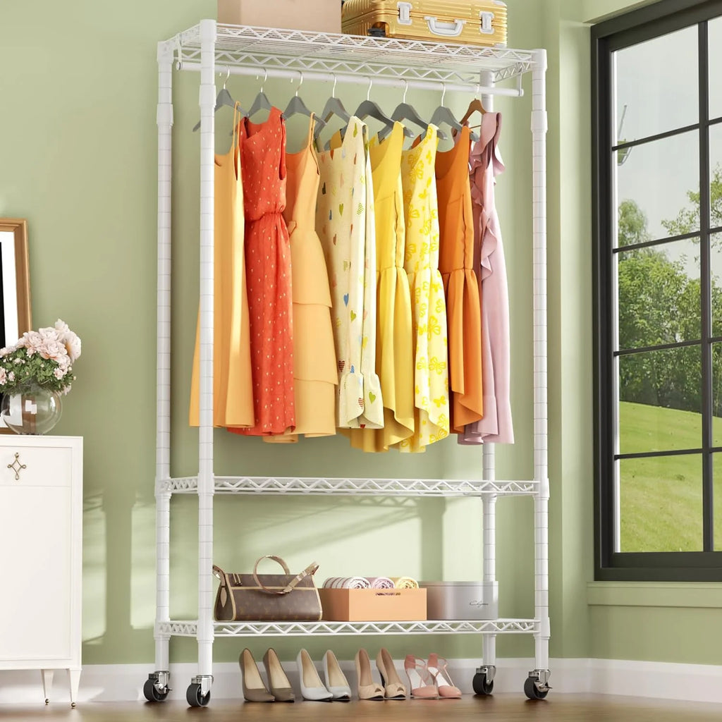 Portable Rolling Clothes Rack 3-Tier Adjustable Heavy Duty Metal White Q656060