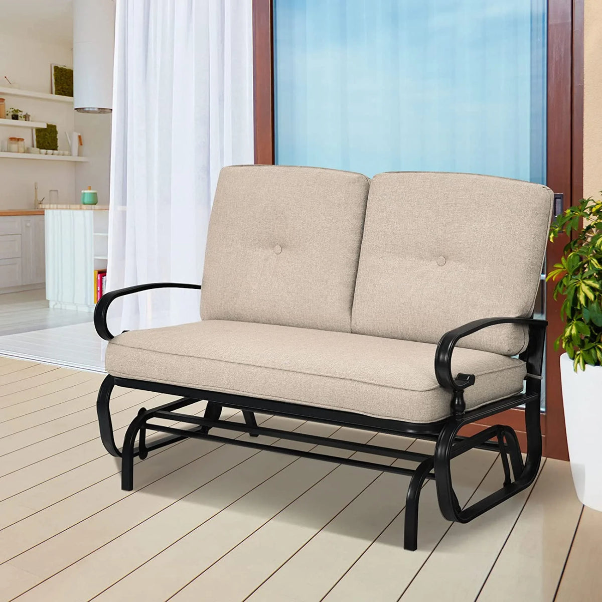 Beige Outdoor Glider Bench with Cushions Y95009