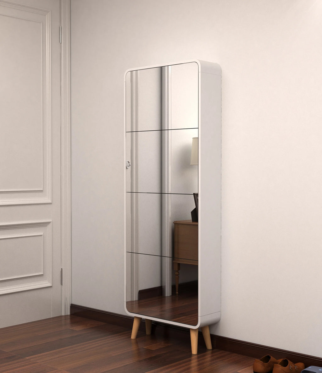 White 4 Flip Drawers Wood Shoe Cabinet with Mirror E7131