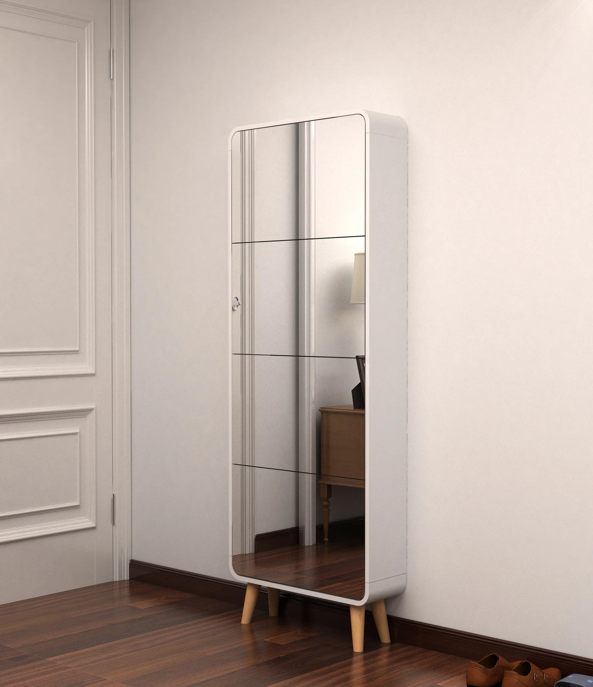 White 4 Flip Drawers Wood Shoe Cabinet with Mirror E7131