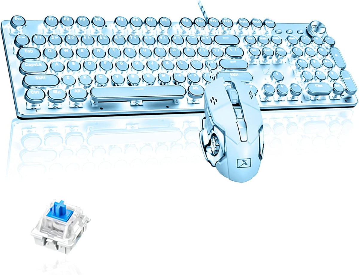 Pink Retro Typewriter-Style Wired Mechanical Keyboard with Mouse X273
