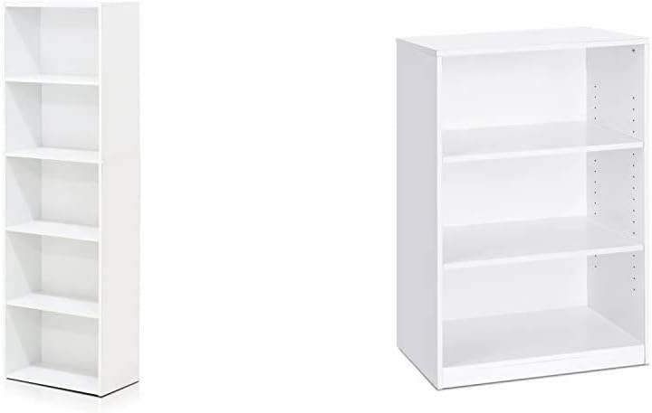 5-Tier Reversible Color Open Shelf Bookcase, White & 3-Tier Adjustable Shelf Bookcase, White Y442211