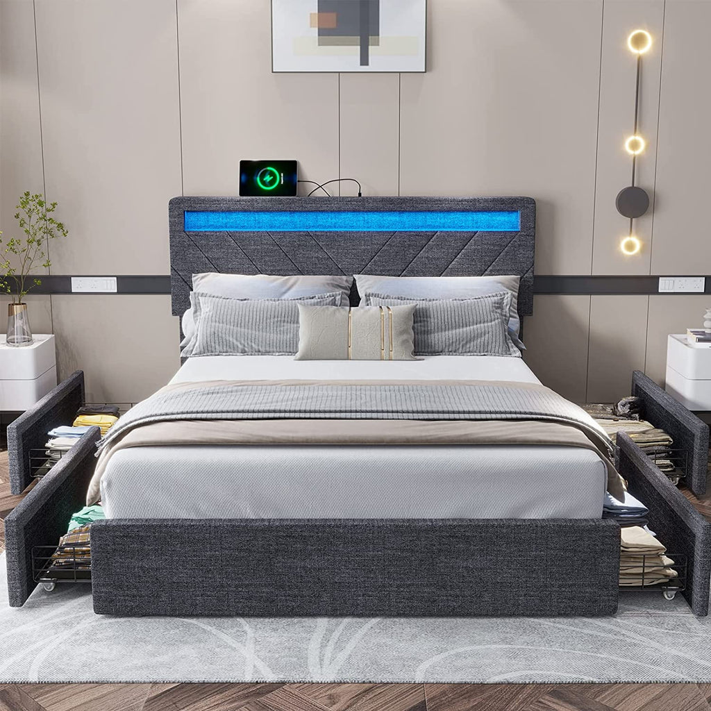 Queen Upholstered Platform Bed Frame with 4 Storage Drawers and LED Headboard V5748