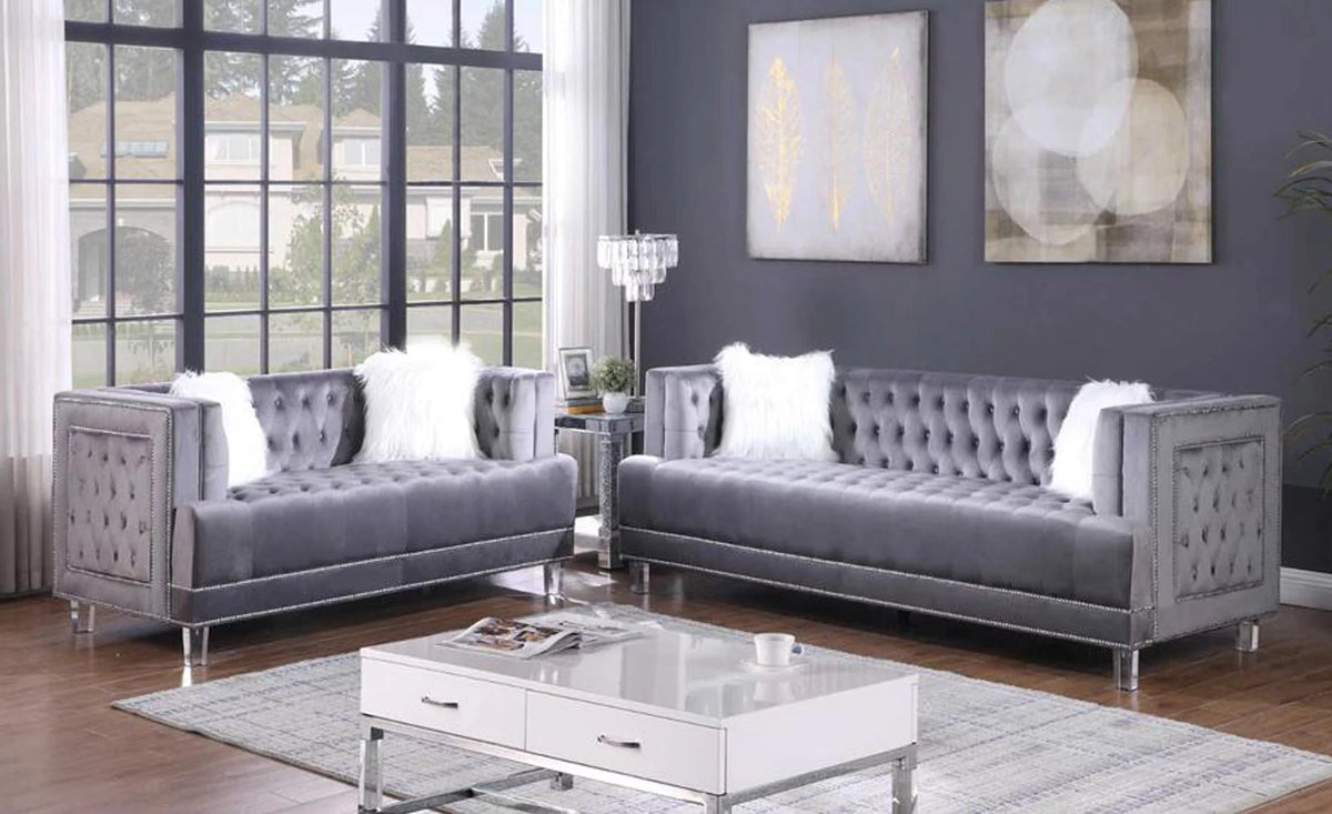 Gray Velvet Fabric Sofa & Loveseat Set 2Pcs P422231